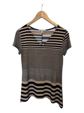 Vintage Suzie Striped V-Neck Short Sleeve Top size M Black and Beige
